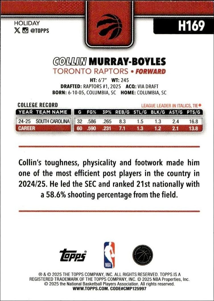 2025-26 Topps Holiday Collin Murray-Boyles #H169 basketball trading card back