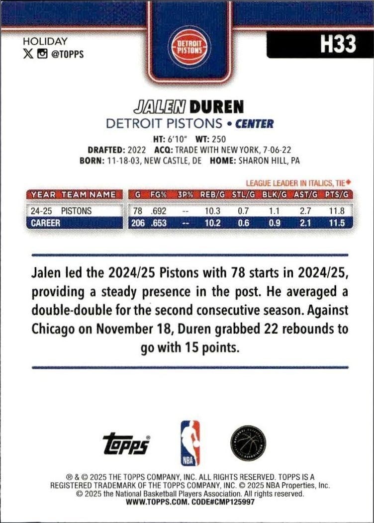 2025-26 Topps Holiday Jalen Duren #H33 basketball trading card back