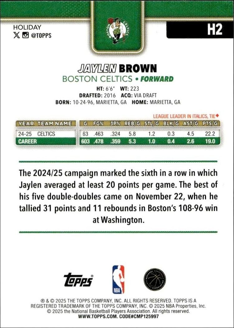 2025-26 Topps Holiday Jaylen Brown #H2 basketball trading card back