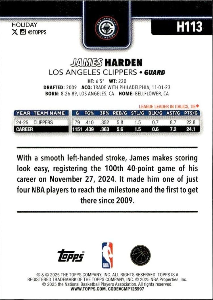 2025-26 Topps Holiday James Harden #H113 basketball trading card back
