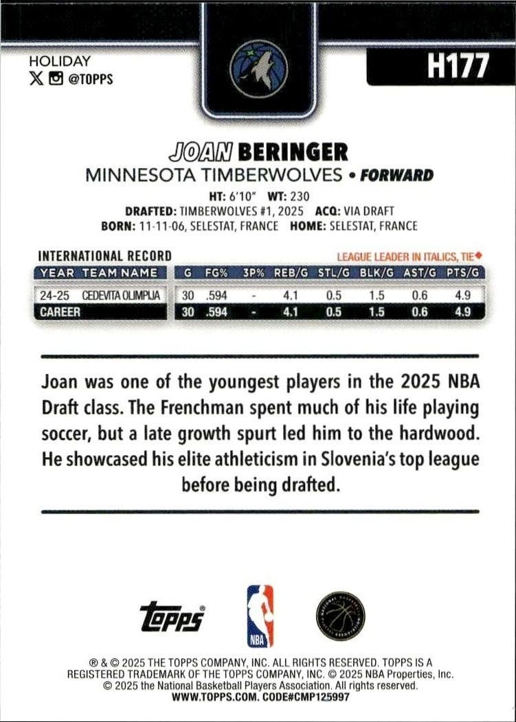 2025-26 Topps Holiday Joan Beringer #H177 basketball trading card back
