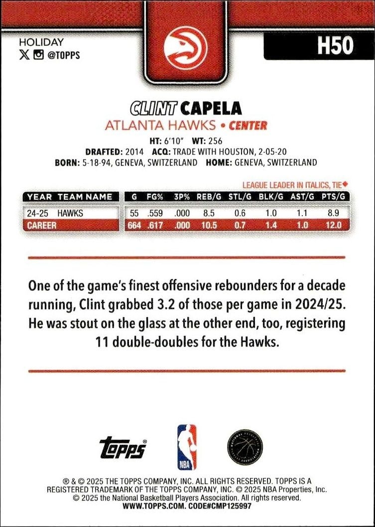 2025-26 Topps Holiday Clint Capela #H50 basketball trading card back