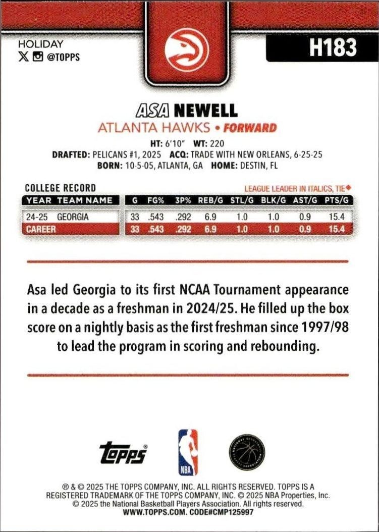 2025-26 Topps Holiday Asa Newell #H183 basketball trading card back