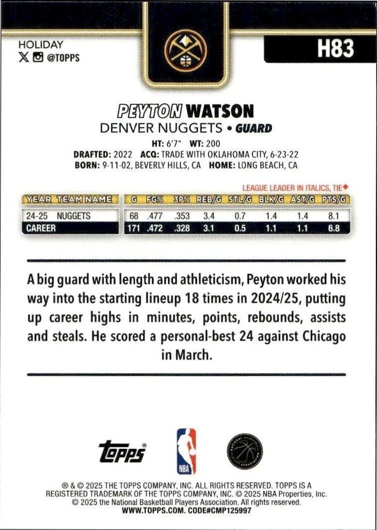 2025-26 Topps Holiday Peyton Watson #H83 basketball trading card back