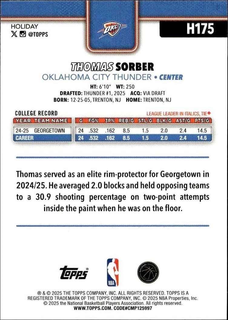 2025-26 Topps Holiday Thomas Sorber #H175 basketball trading card back