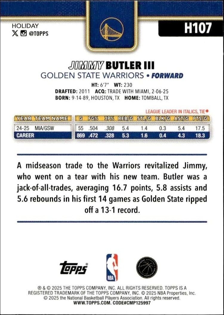 2025-26 Topps Holiday Jimmy Butler III #H107 basketball trading card back
