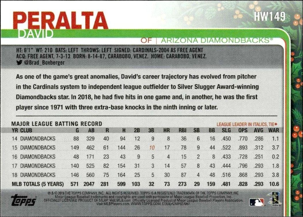2019 Topps Holiday David Peralta #HW149 baseball trading card back