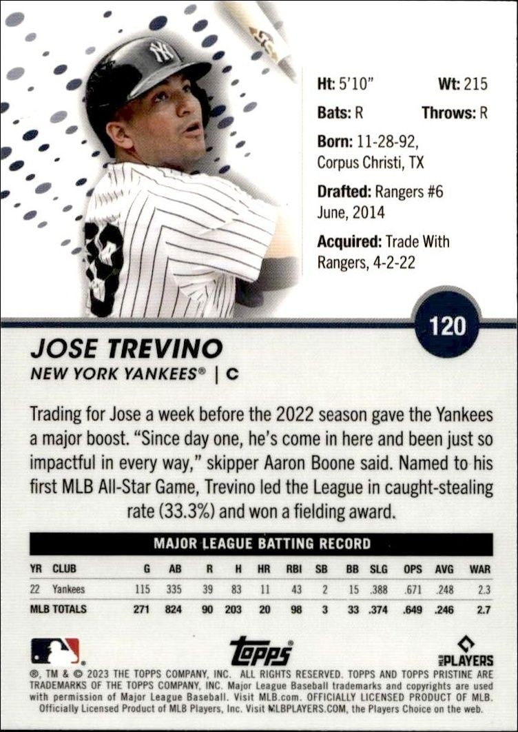 2023 Topps Pristine Jose Trevino #120 baseball trading card back