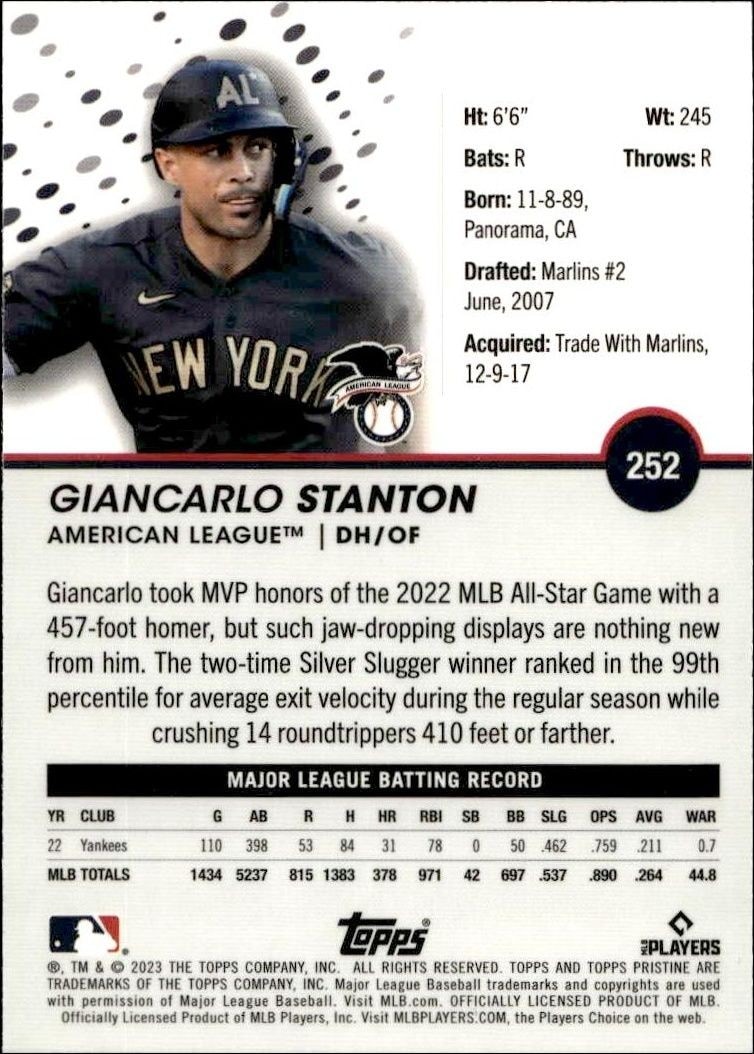 2023 Topps Pristine Giancarlo Stanton #252 baseball trading card back