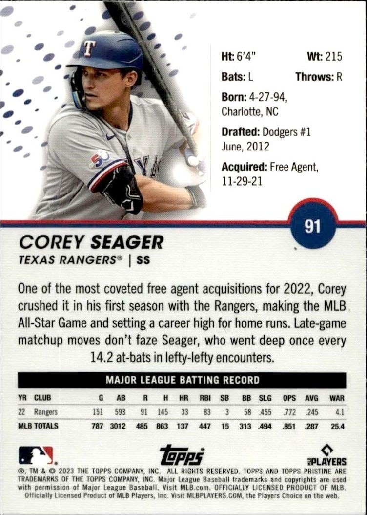 2023 Topps Pristine Corey Seager #91 baseball trading card back