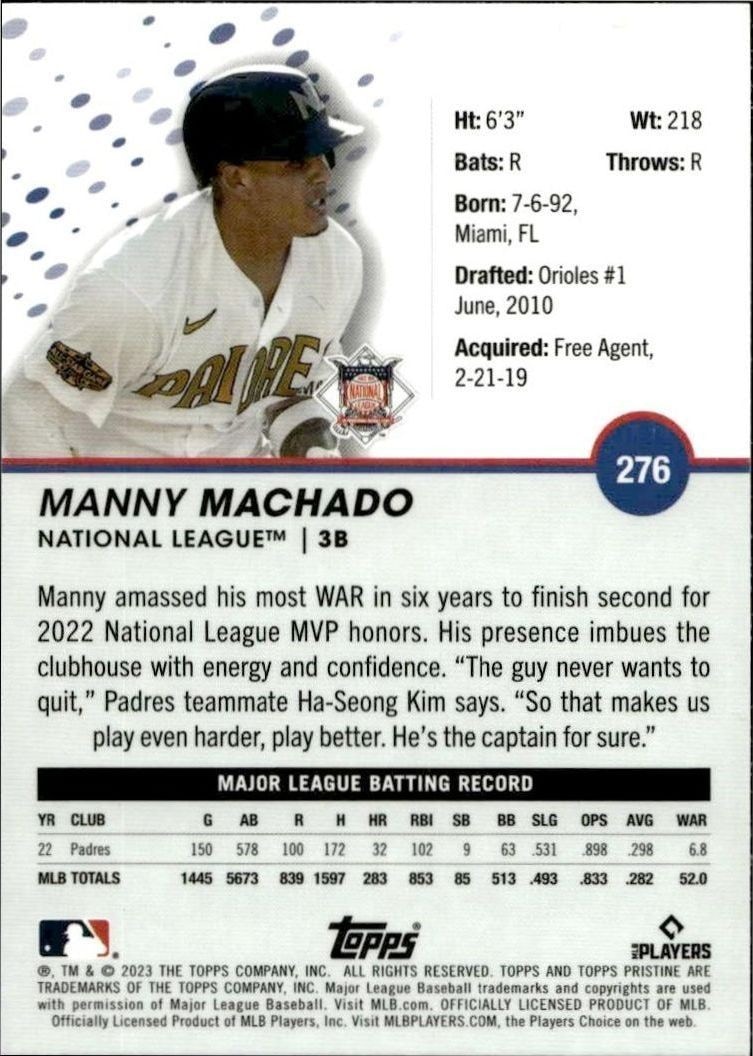 2023 Topps Pristine Manny Machado #276 baseball trading card back