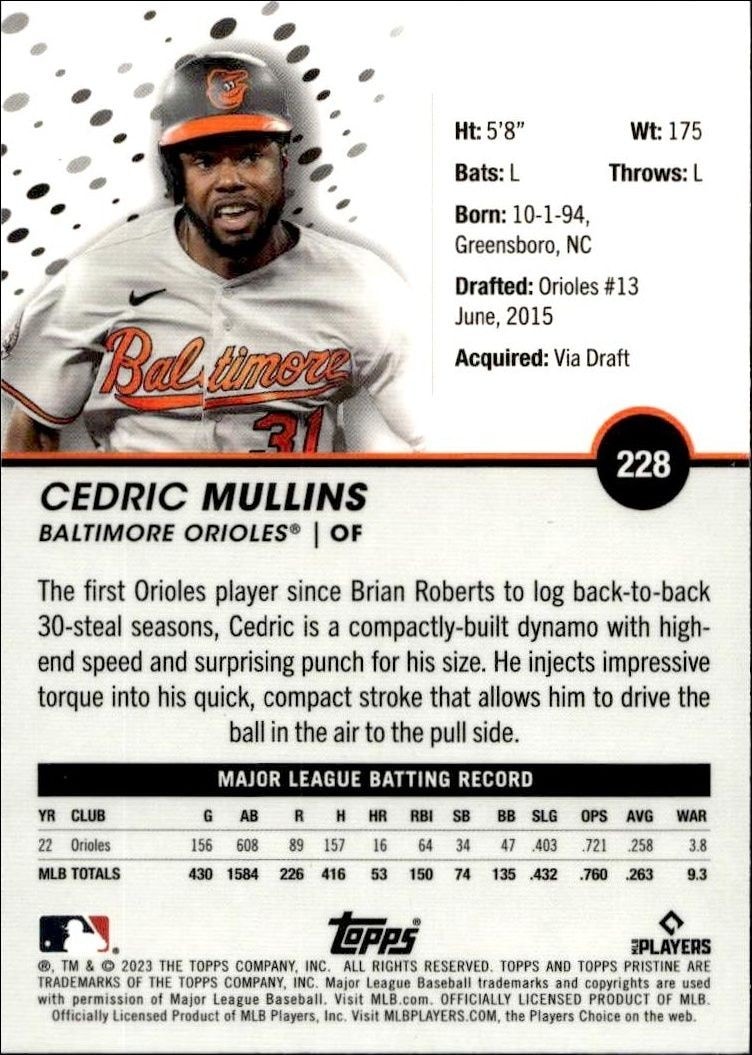 2023 Topps Pristine Cedric Mullins #228 baseball trading card back