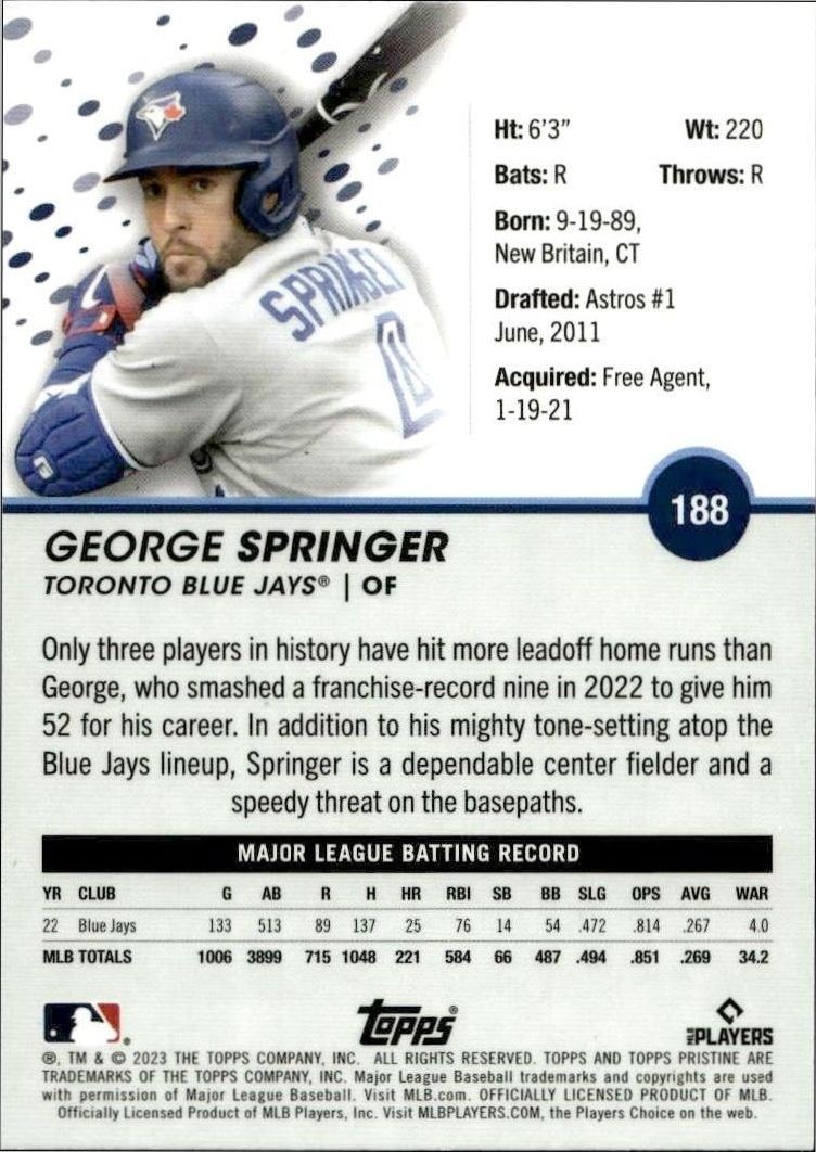 2023 Topps Pristine George Springer #188 baseball trading card back