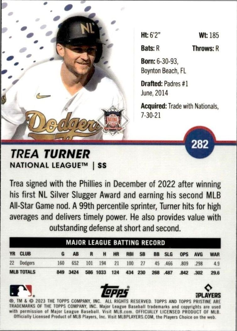 2023 Topps Pristine Trea Turner #282 baseball trading card back