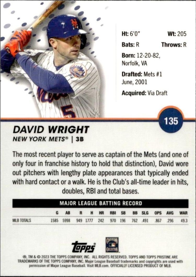 2023 Topps Pristine David Wright #135 baseball trading card back