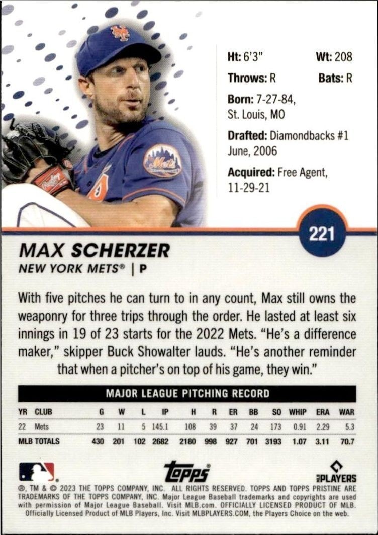2023 Topps Pristine Max Scherzer #221 baseball trading card back