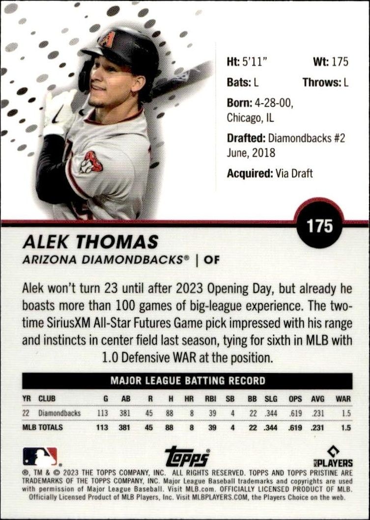 2023 Topps Pristine Alek Thomas #175 baseball trading card back