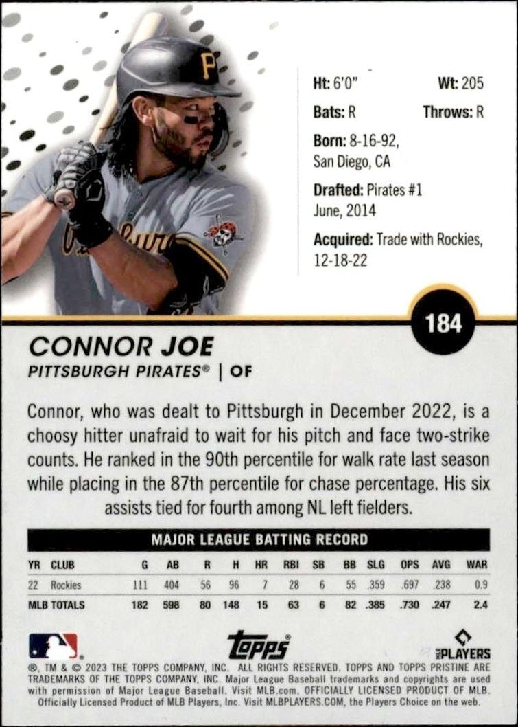 2023 Topps Pristine Connor Joe #184 baseball trading card back