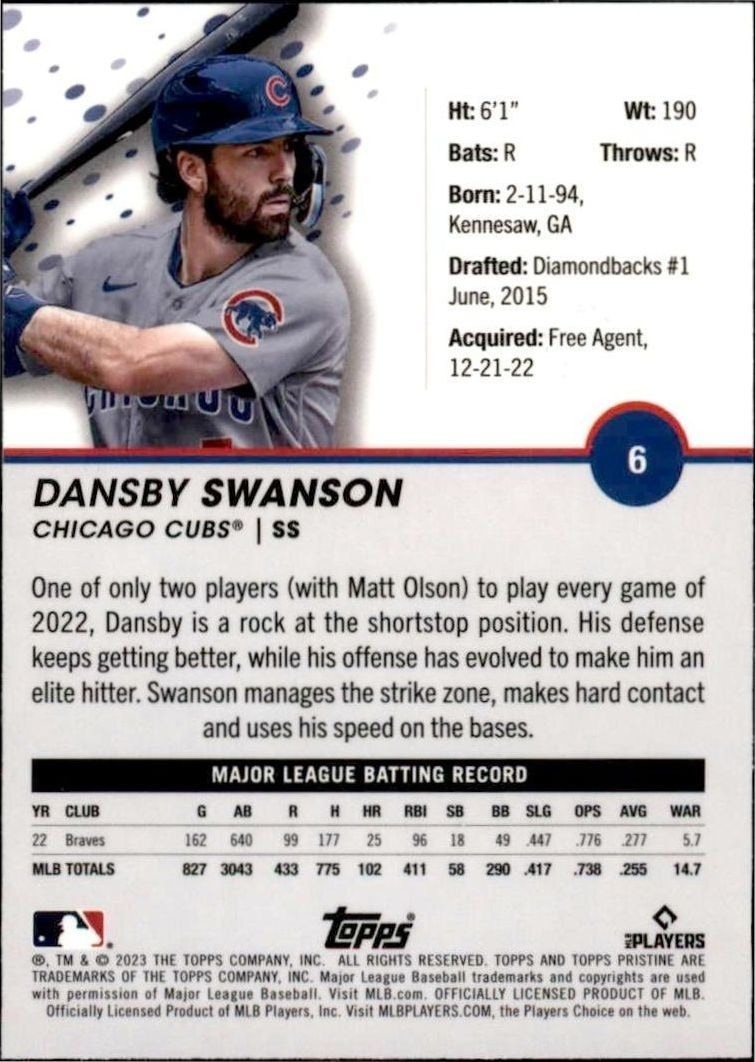 2023 Topps Pristine Dansby Swanson #6 baseball trading card back