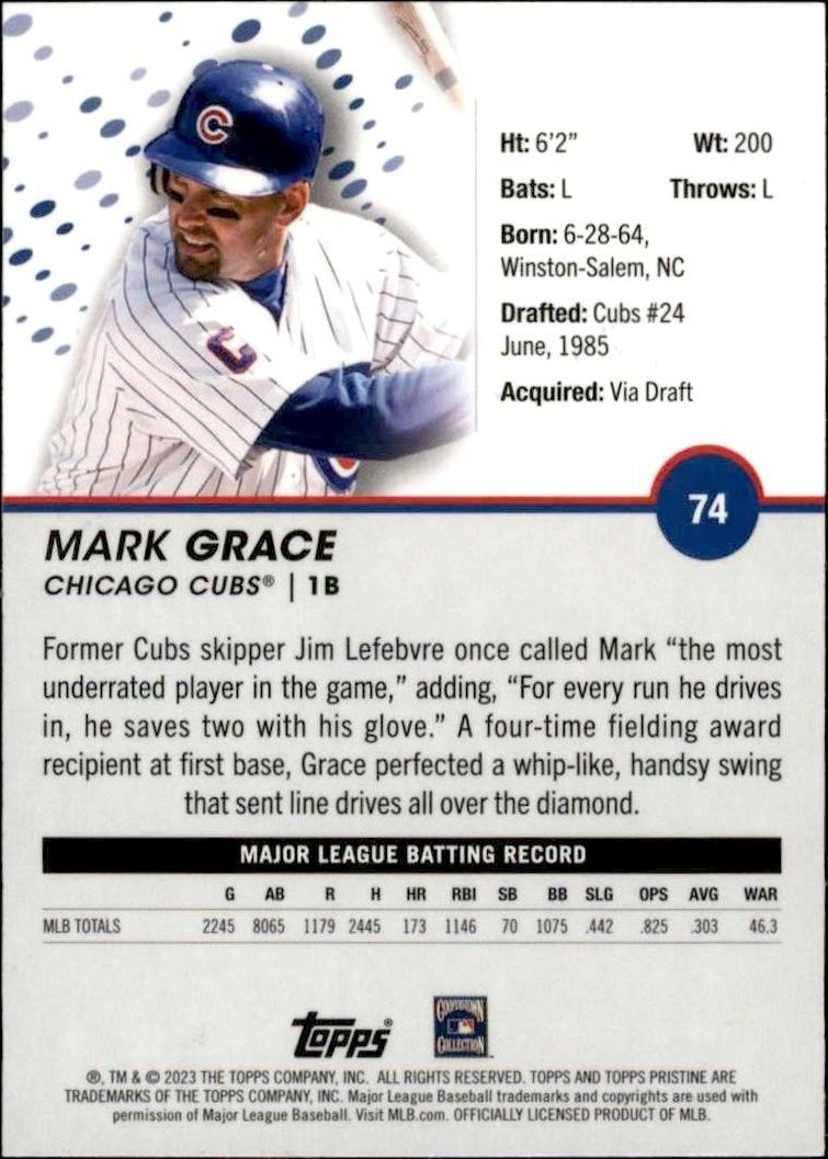 2023 Topps Pristine Mark Grace #74 baseball trading card back