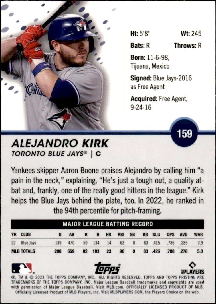 2023 Topps Pristine Alejandro Kirk #159 baseball trading card back