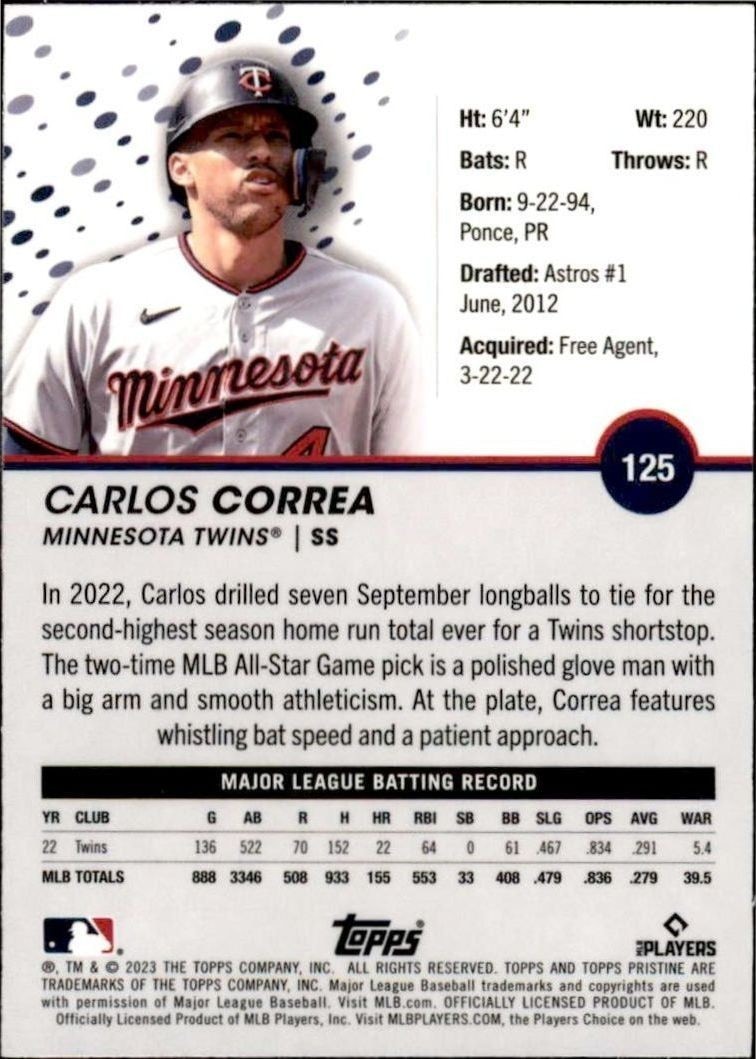 2023 Topps Pristine Carlos Correa #125 baseball trading card back