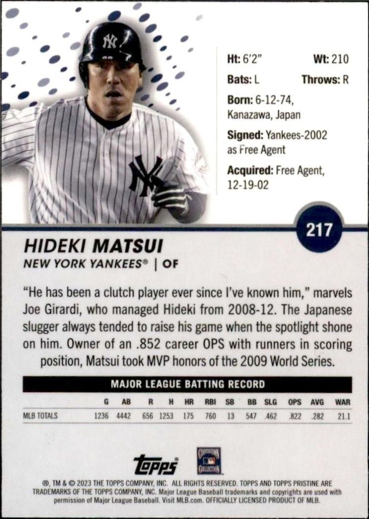 2023 Topps Pristine Hideki Matsui #217 baseball trading card back