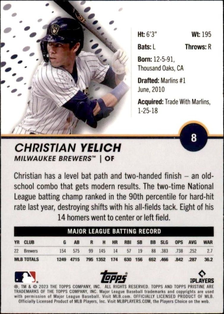 2023 Topps Pristine Christian Yelich #8 baseball trading card back