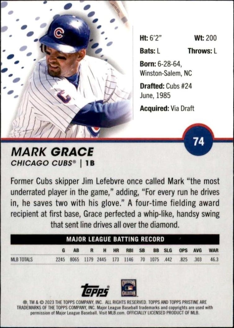 2023 Topps Pristine Mark Grace #74 baseball trading card back