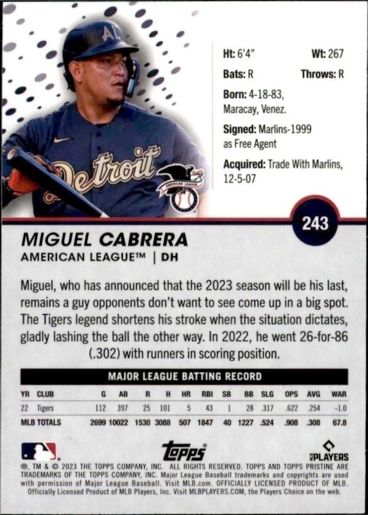 2023 Topps Pristine Miguel Cabrera #243 baseball trading card back
