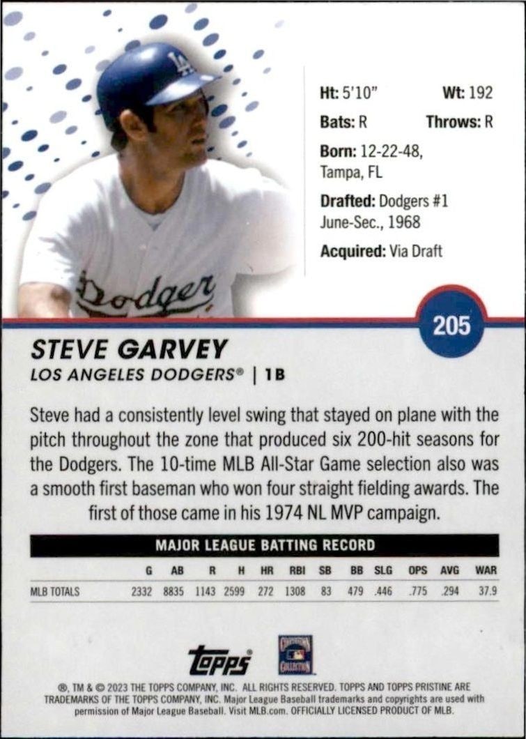 2023 Topps Pristine Steve Garvey #205 baseball trading card back