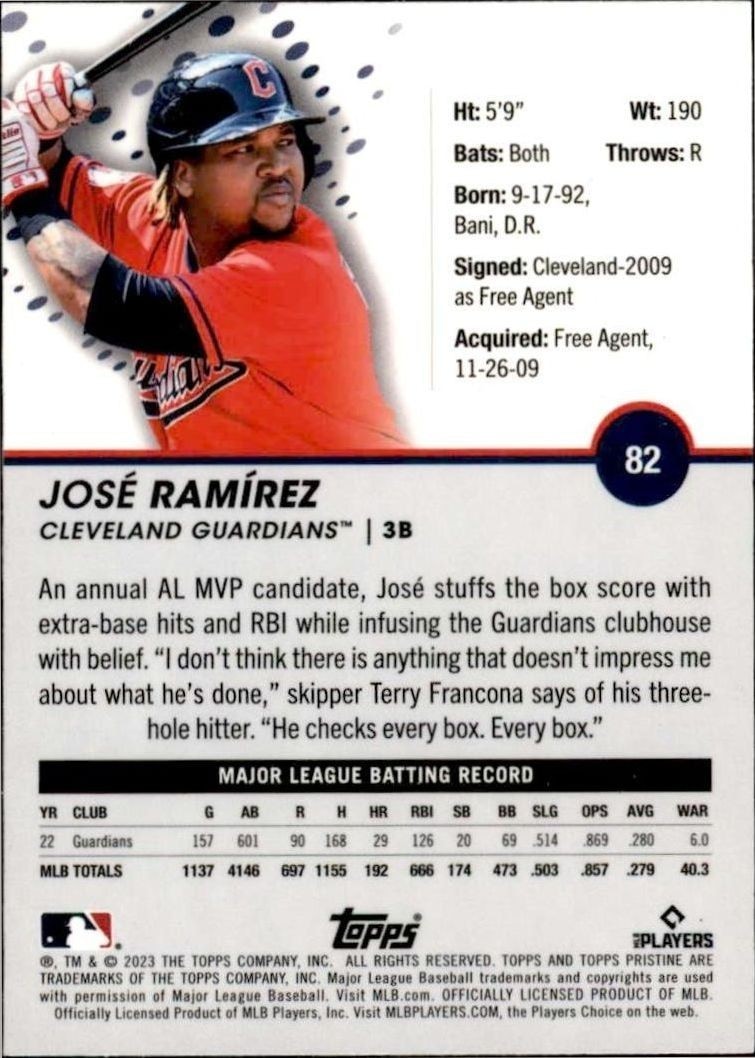 2023 Topps Pristine José Ramírez #82 baseball trading card back