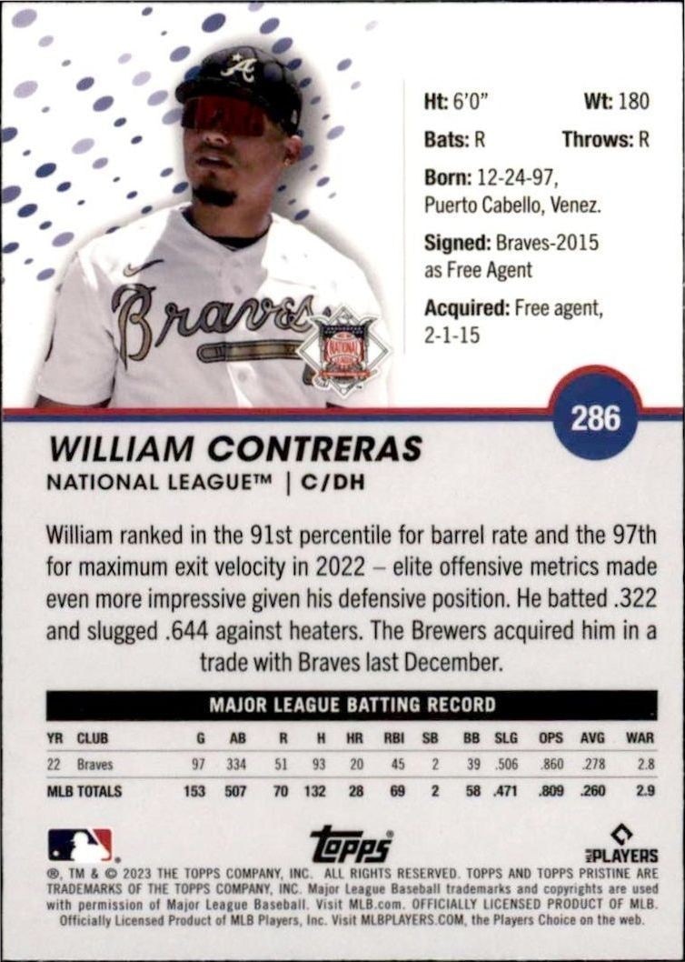 2023 Topps Pristine William Contreras #286 baseball trading card back