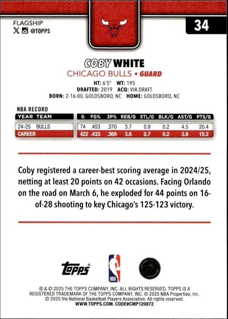 2025-26 Topps Coby White #34 basketball trading card back