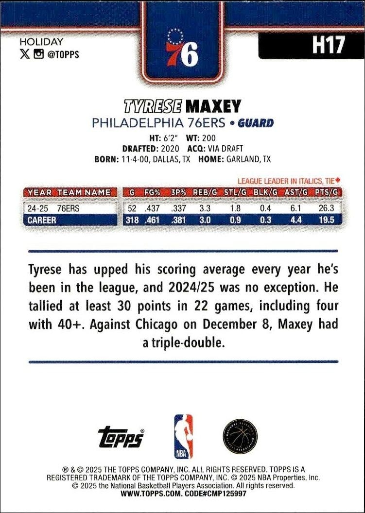 2025-26 Topps Holiday Tyrese Maxey #H17 basketball trading card back