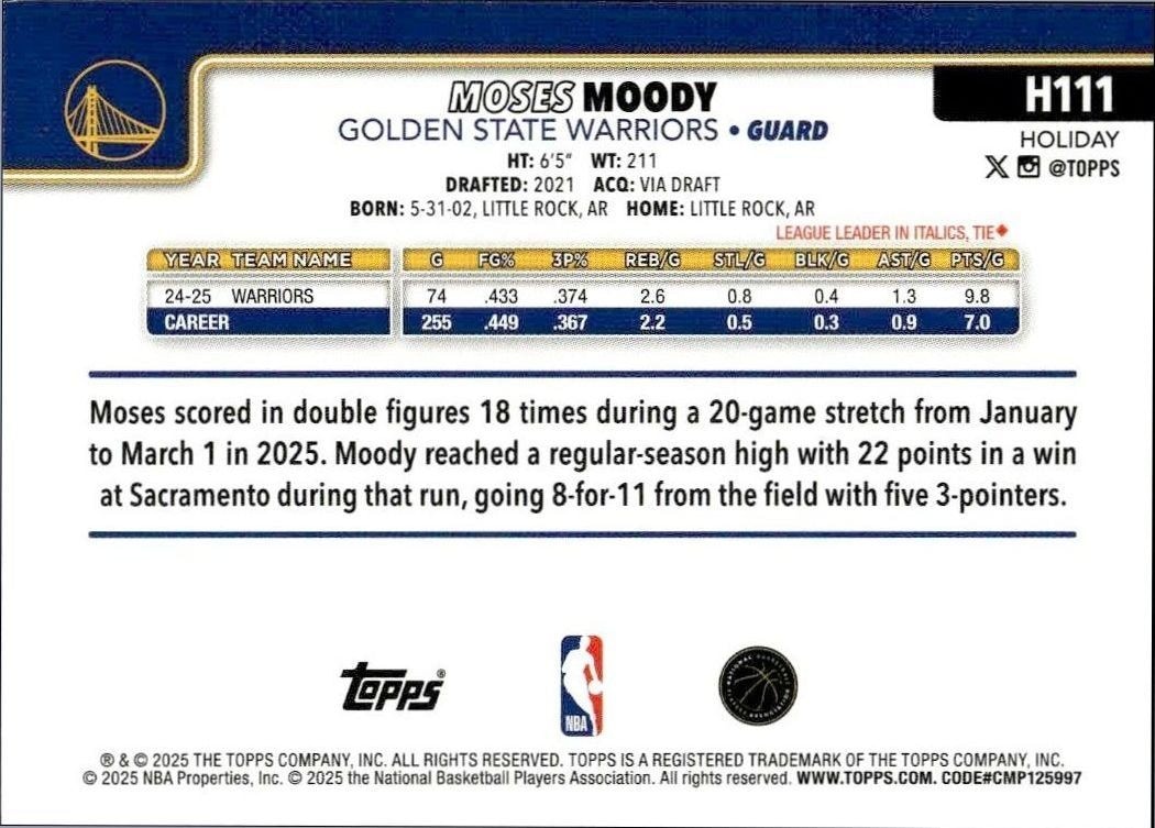 2025-26 Topps Holiday Moses Moody #H111 basketball trading card back