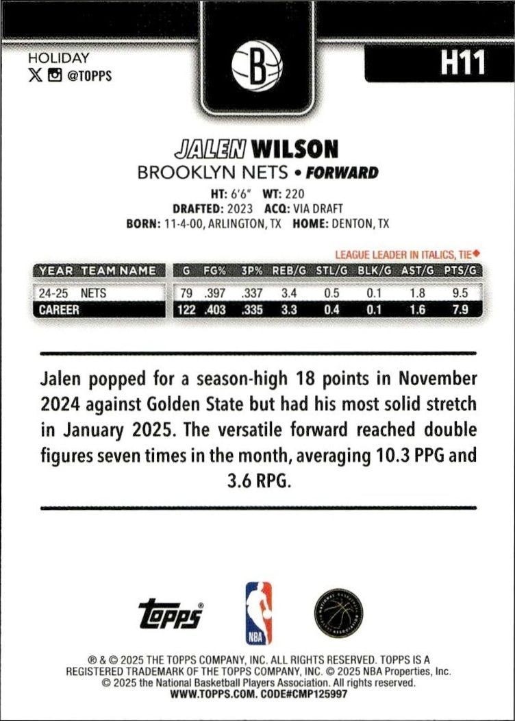 2025-26 Topps Holiday Jalen Wilson #H11 basketball trading card back