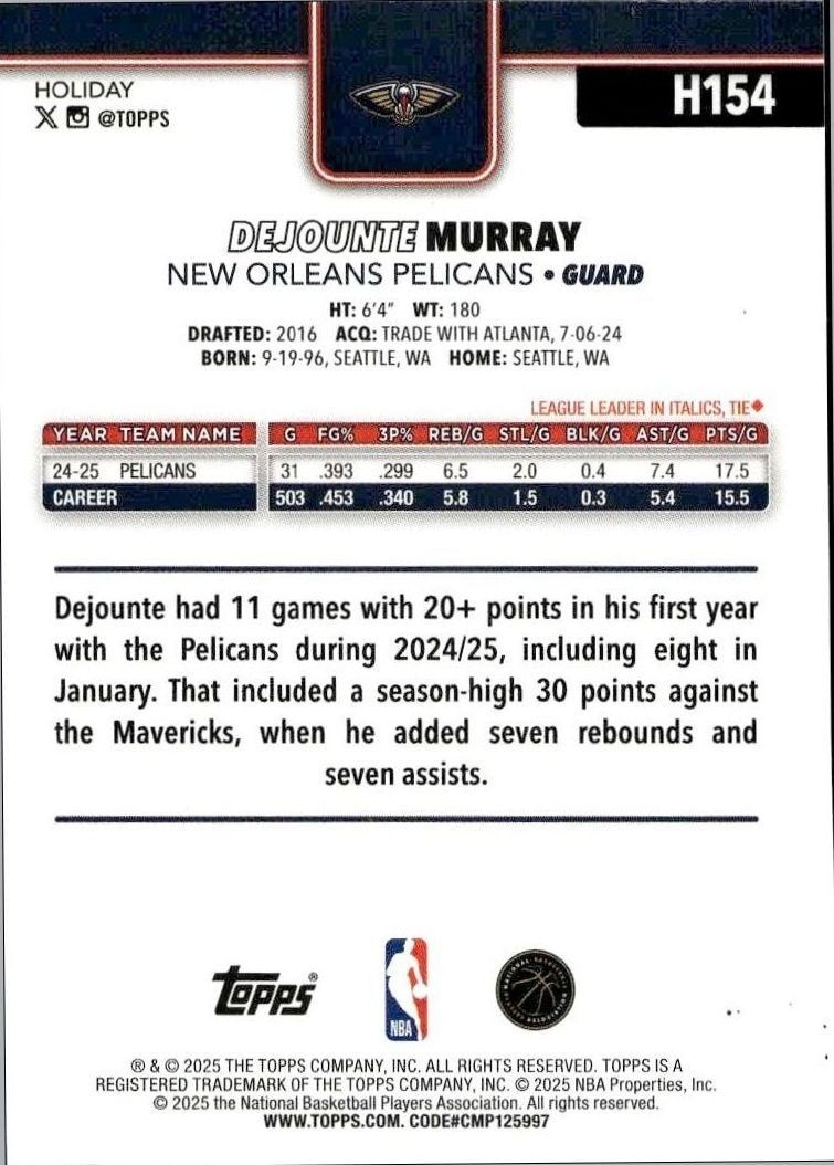 2025-26 Topps Holiday Dejounte Murray #H154 basketball trading card back