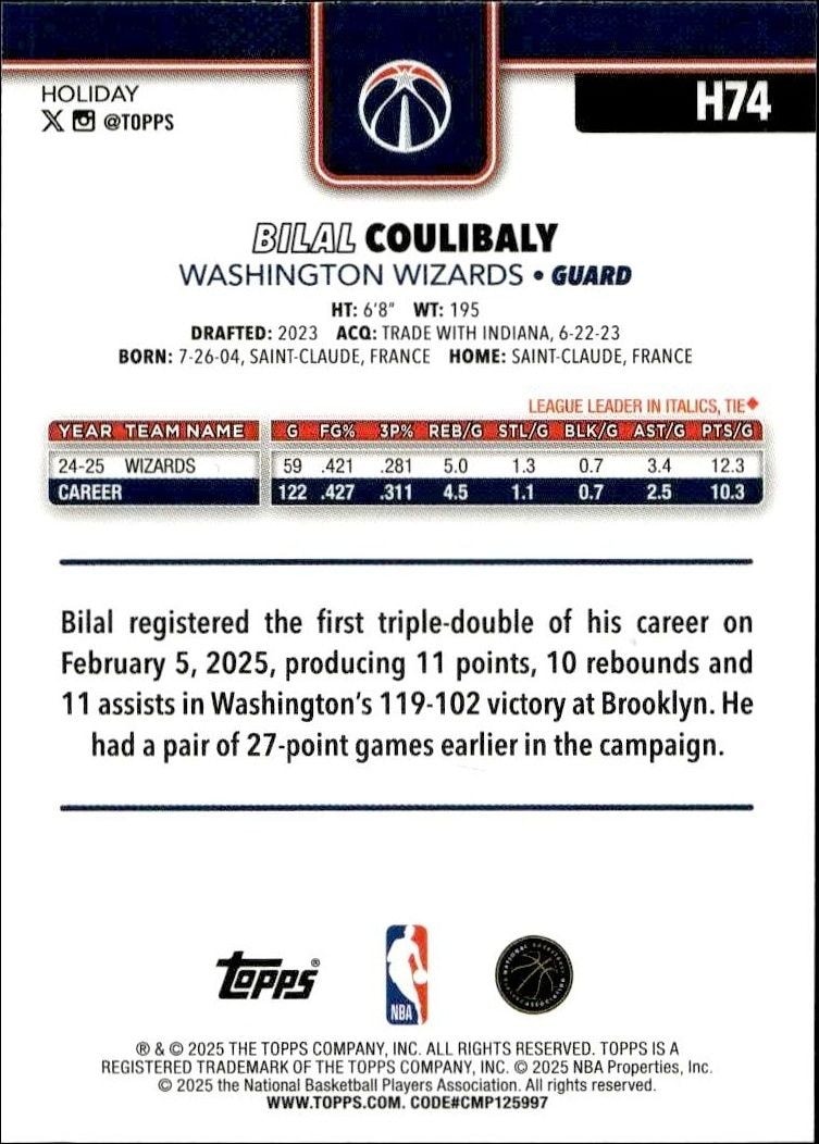 2025-26 Topps Holiday Bilal Coulibaly #H74 basketball trading card back
