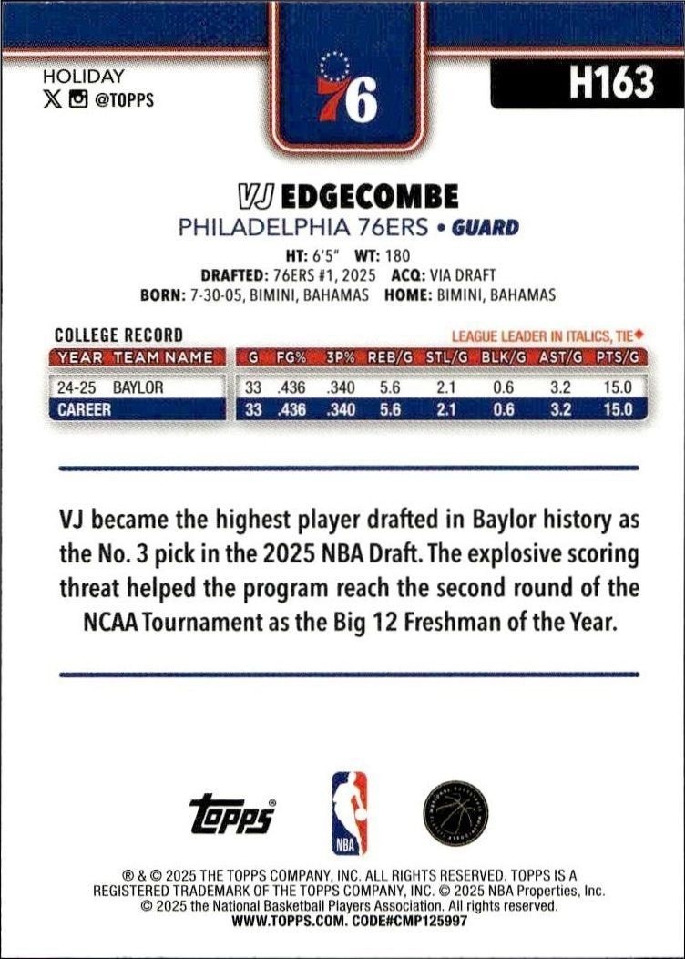 2025-26 Topps Holiday Vj Edgecombe #H163 basketball trading card back