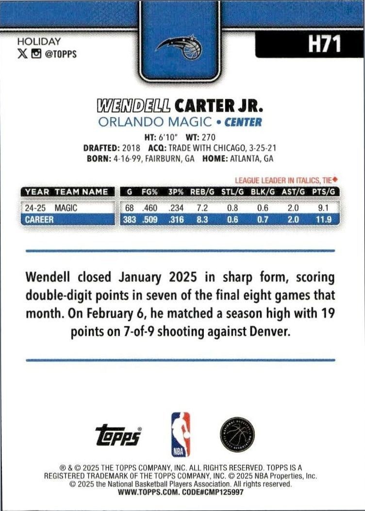 2025-26 Topps Holiday Wendell Carter Jr. #H71 basketball trading card back