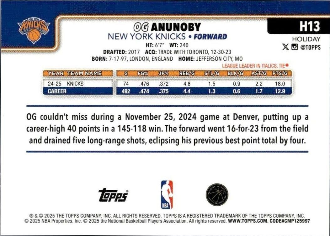 2025-26 Topps Holiday OG Anunoby #H13 basketball trading card back
