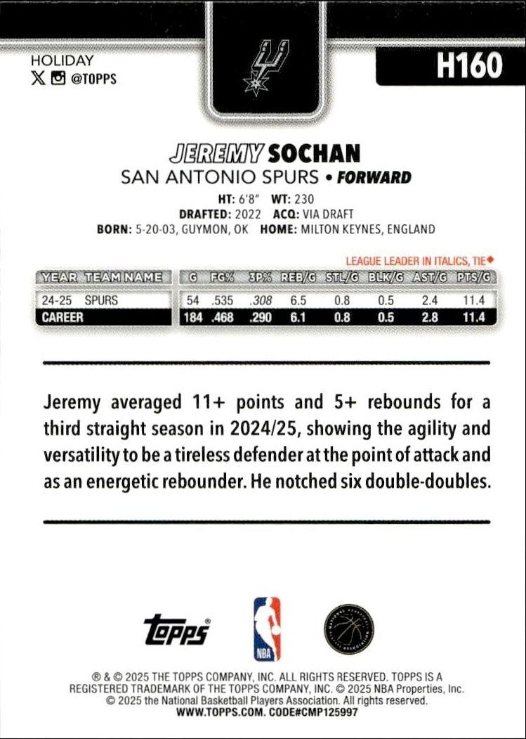 2025-26 Topps Holiday Jeremy Sochan #H160 basketball trading card back