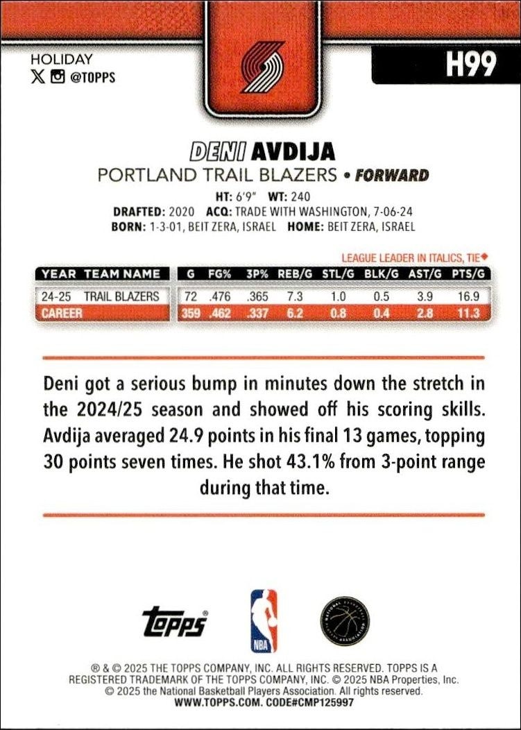 2025-26 Topps Holiday Deni Avdija #H99 basketball trading card back