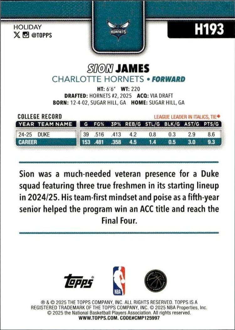 2025-26 Topps Holiday Sion James #H193 basketball trading card back