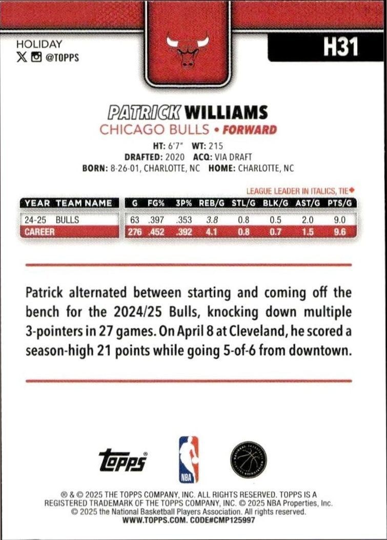 2025-26 Topps Holiday Patrick Williams #H31 basketball trading card back