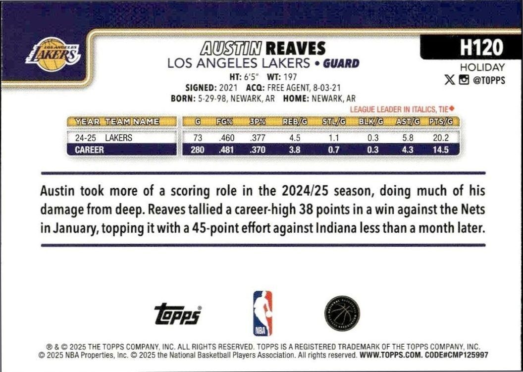 2024-25 Topps Holiday Austin Reaves #H120 basketball trading card back