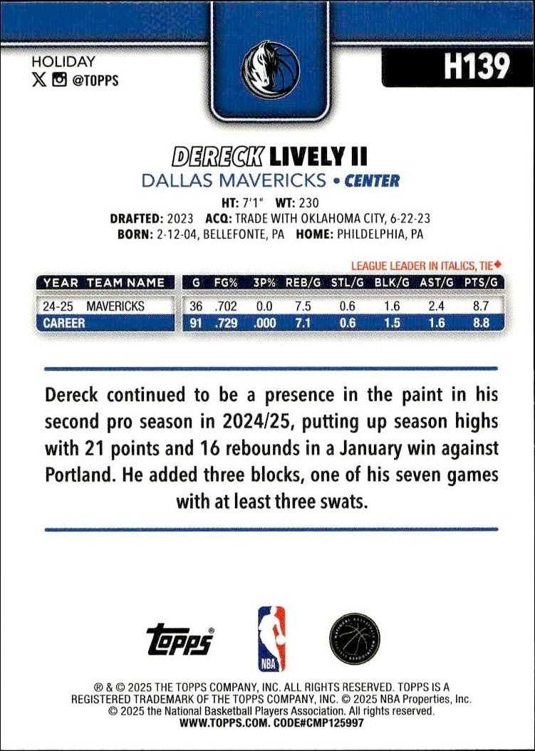 2025-26 Topps Holiday Dereck Lively II #H139 basketball trading card back
