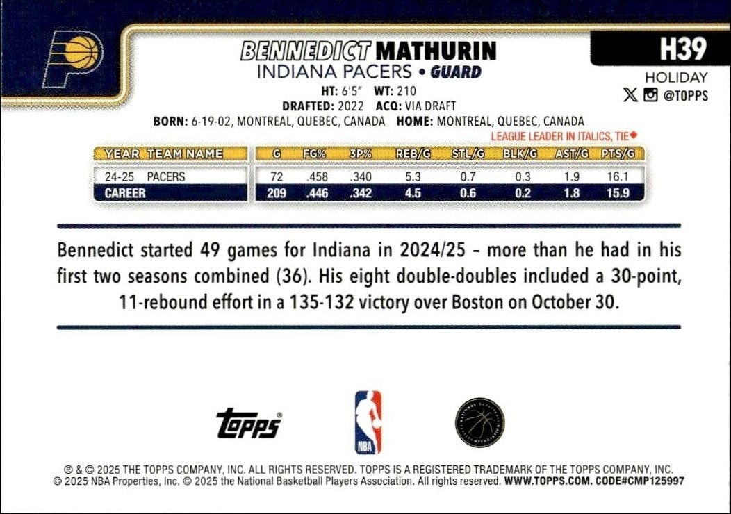 2025-26 Topps Holiday Bennedict Mathurin #H39 basketball trading card back
