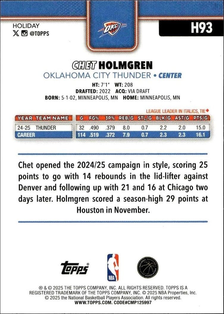 2025-26 Topps Holiday Chet Holmgren #H93 basketball trading card back